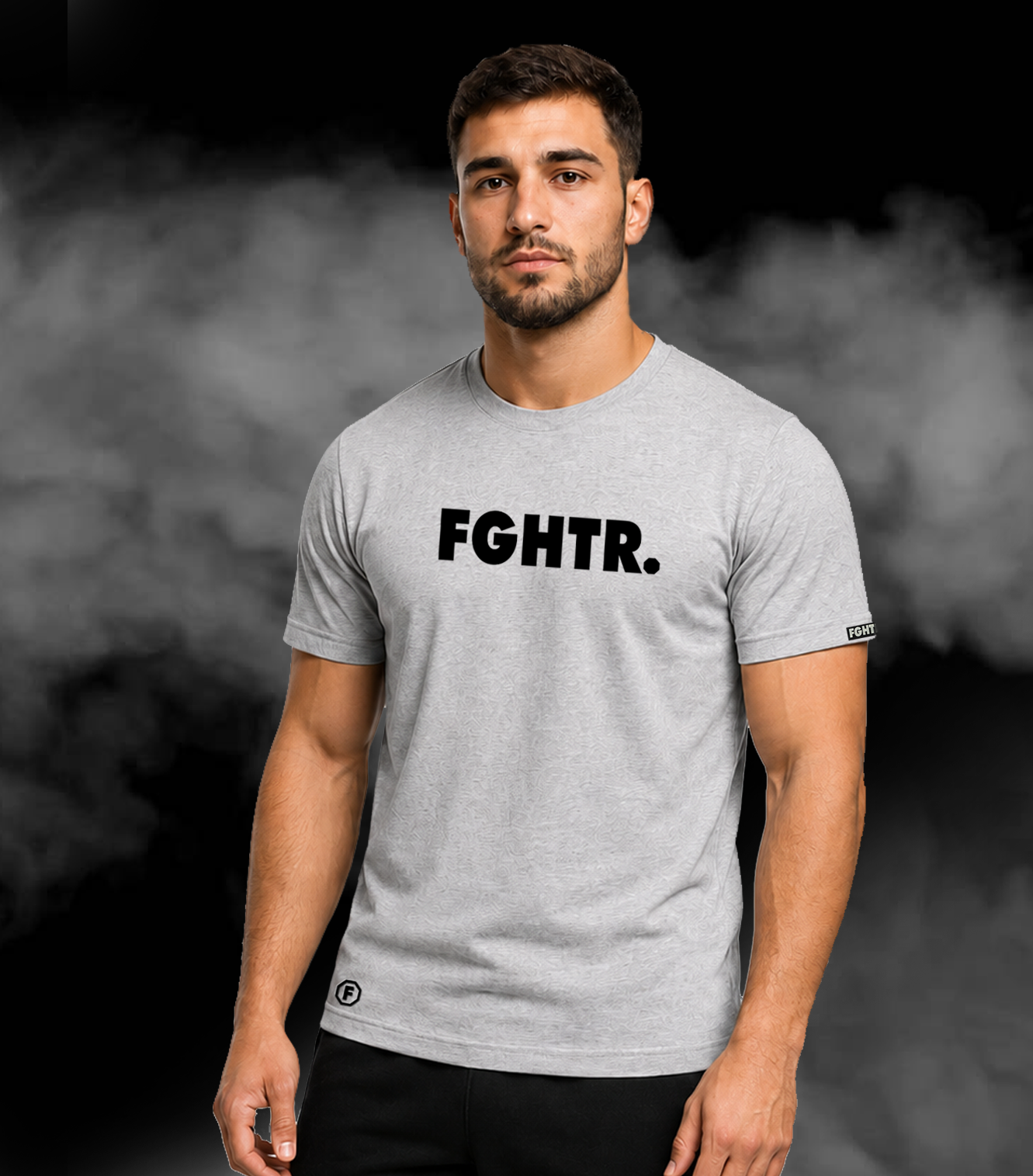 FGHTR. Signature Tee - One of 50 <BR> Ash Grey x Midnight Black