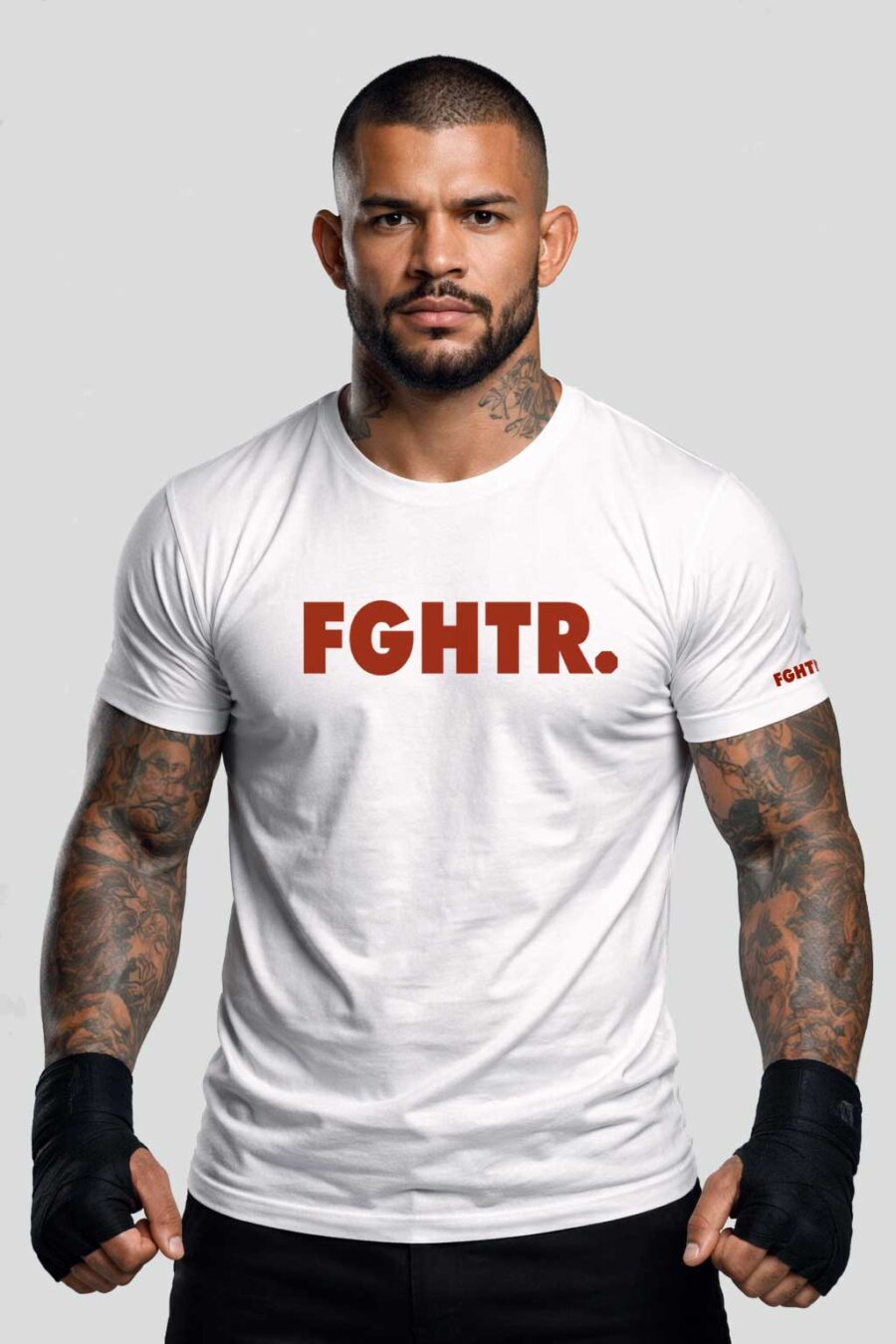 FGHTR. Brand – White HQ T-Shirt with Red Print