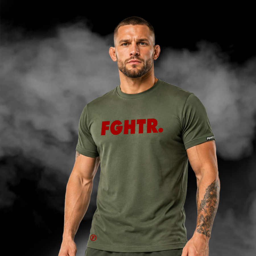 FGHTR. Signature Tee - One of 50 <BR> Olive Field x RED